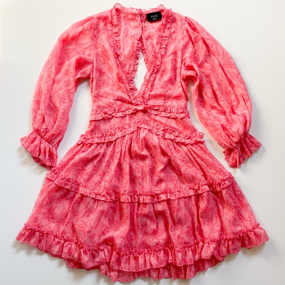 VICI Pink Floral Long Sleeve Open Back Ruffled V-Neck Juliet Mini Dress